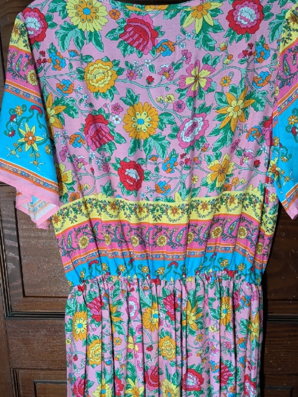 Colorful Floral Boho Maxi Dress With Smocking V Neck And Tie L - Picture 5 of 9